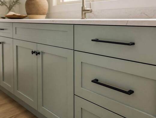 Close-up of sage green cabinet doors with a factory-smooth sprayed finish