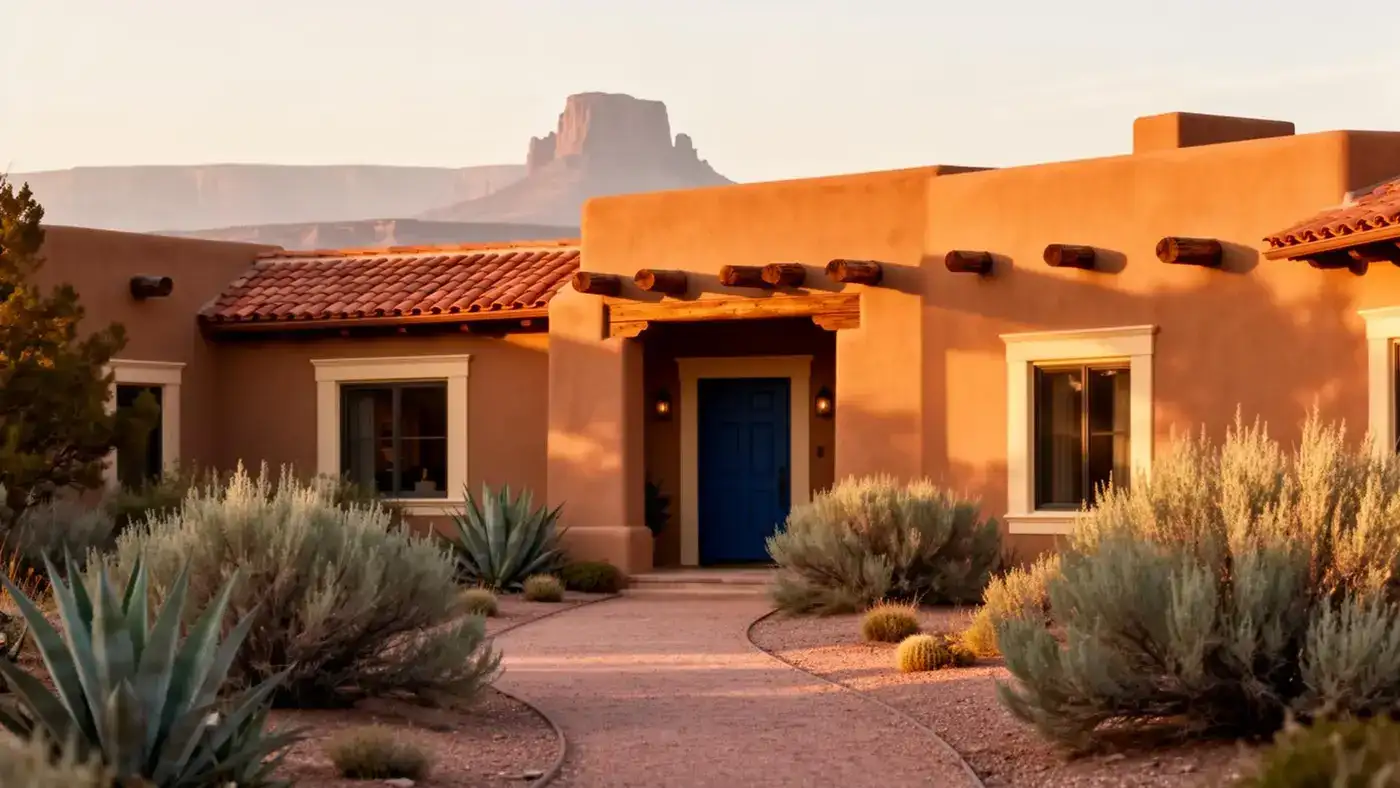 Freshly painted Southwest stucco home with desert mesa backdrop